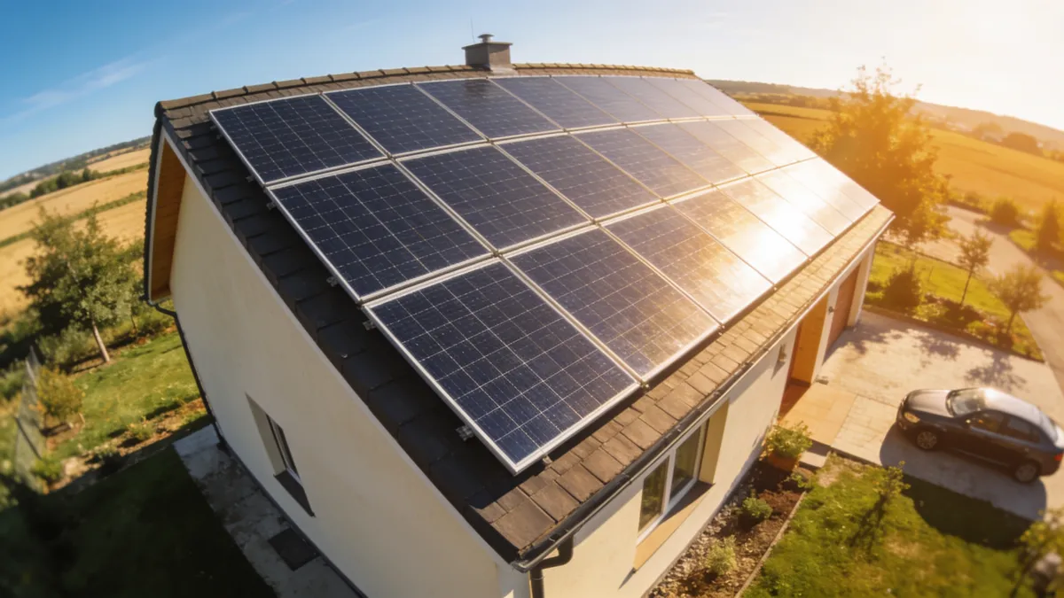 Vue aérienne d’une maison de Maxou dont le toit est couvert de panneaux solaires, au milieu des champs