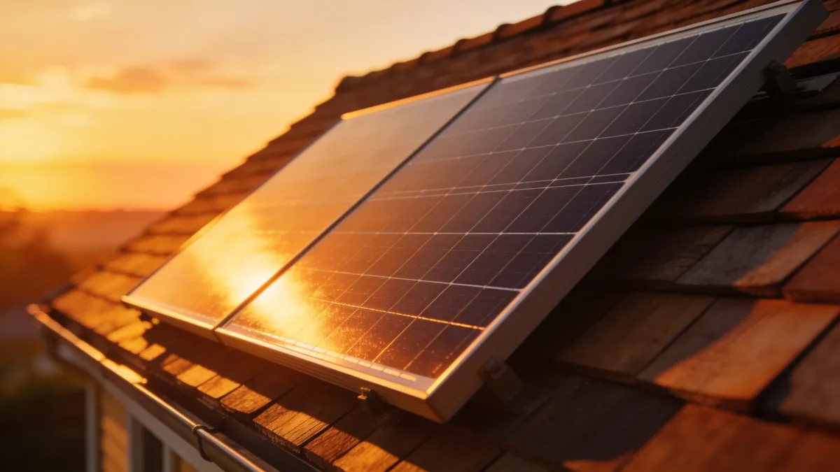 Deux panneaux solaires sur une toiture en tuiles à Maxou au coucher du soleil